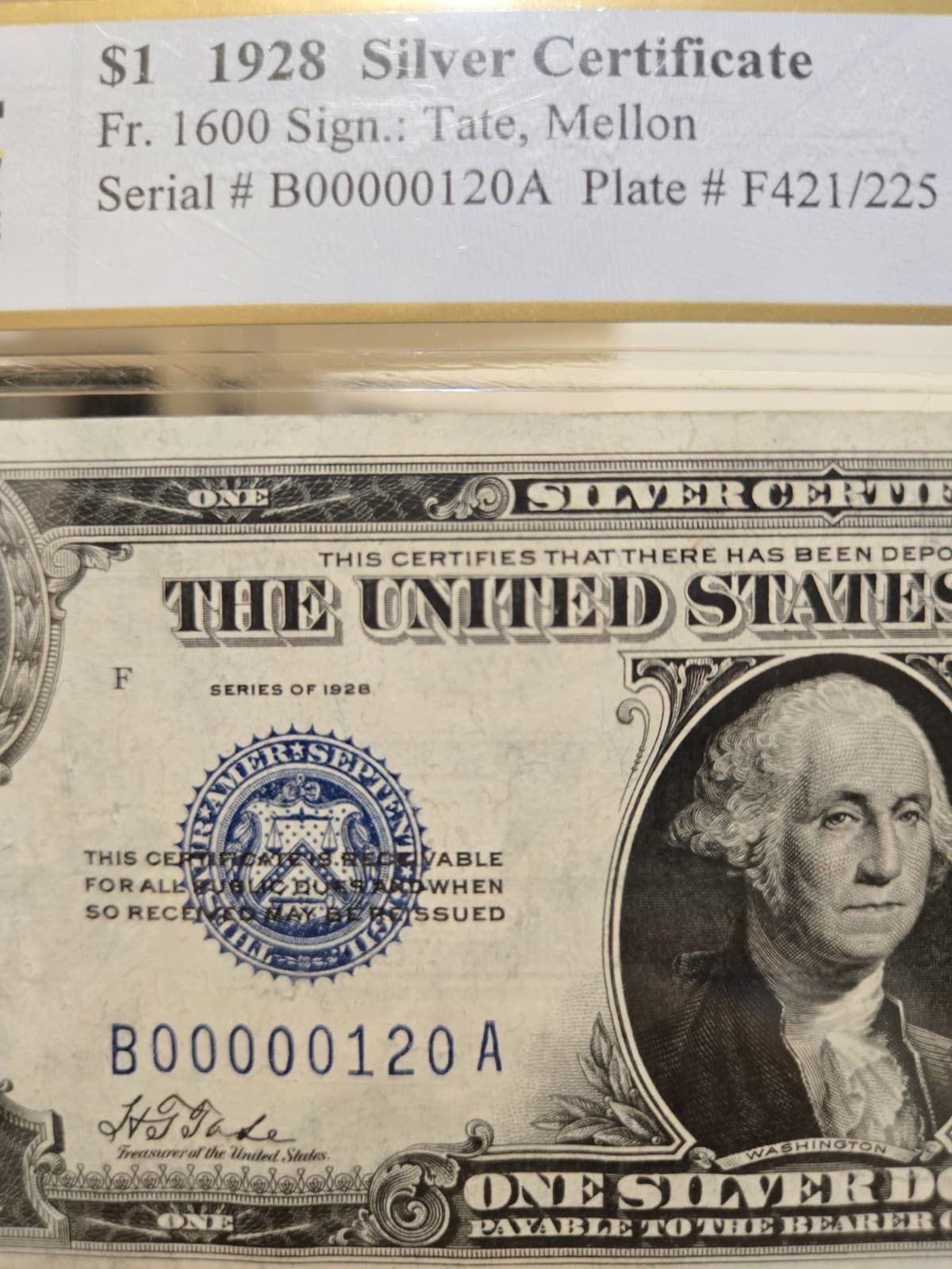 Low Serial 120 Funny Back 1928 $1 Silver Certificate UNC PCGS 64