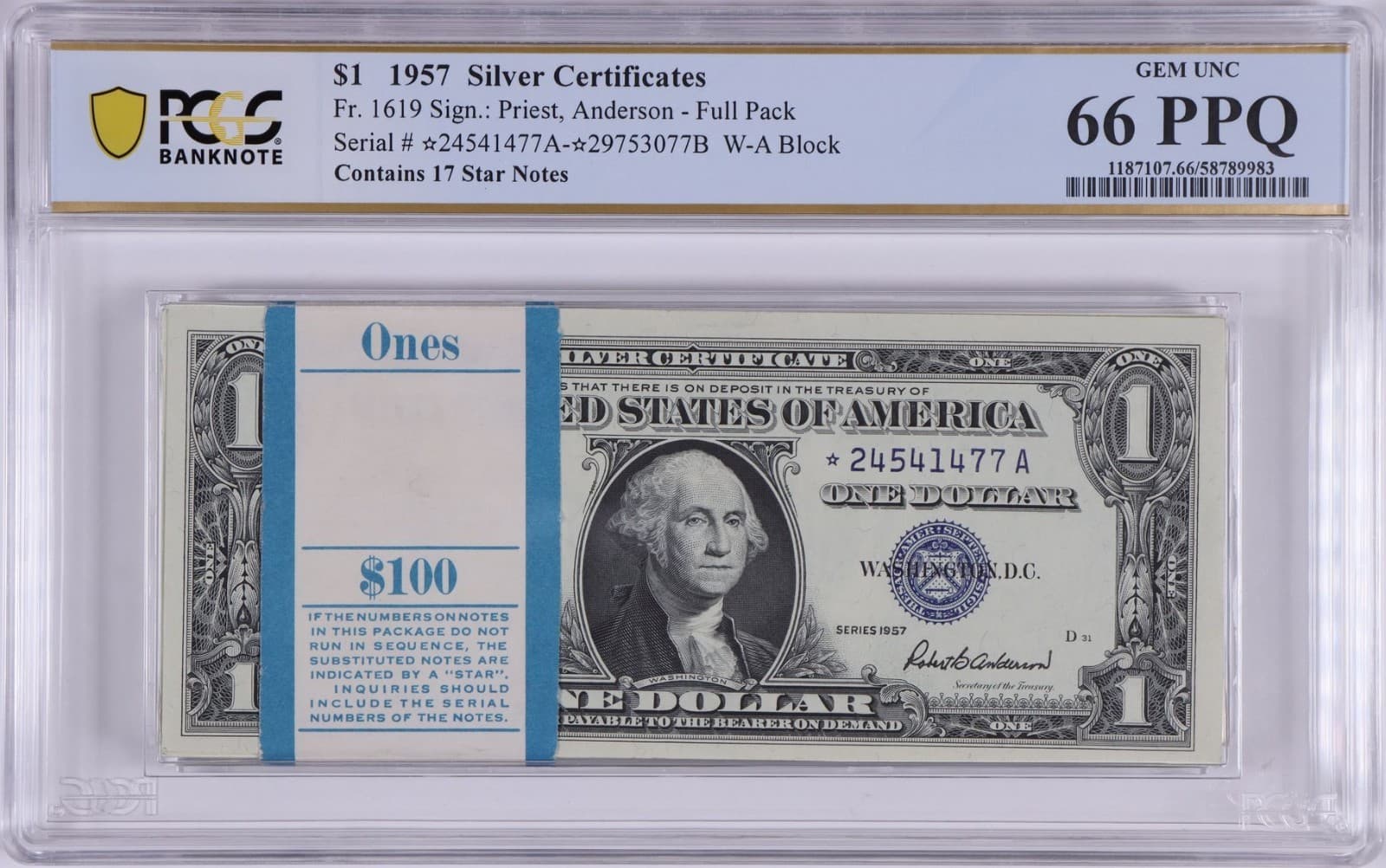 GEM 💎 Pack 17 Stars ⭐ 1957 $1 Silver Certficates 100 consecutive BEP GEM 66 PPQ — view 1