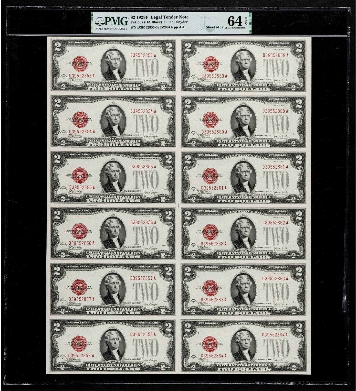 Fr. 1508 $2 1928G Legal Tender Notes. Uncut Sheet of 12. PCGS Very Choice New 64 — view 1