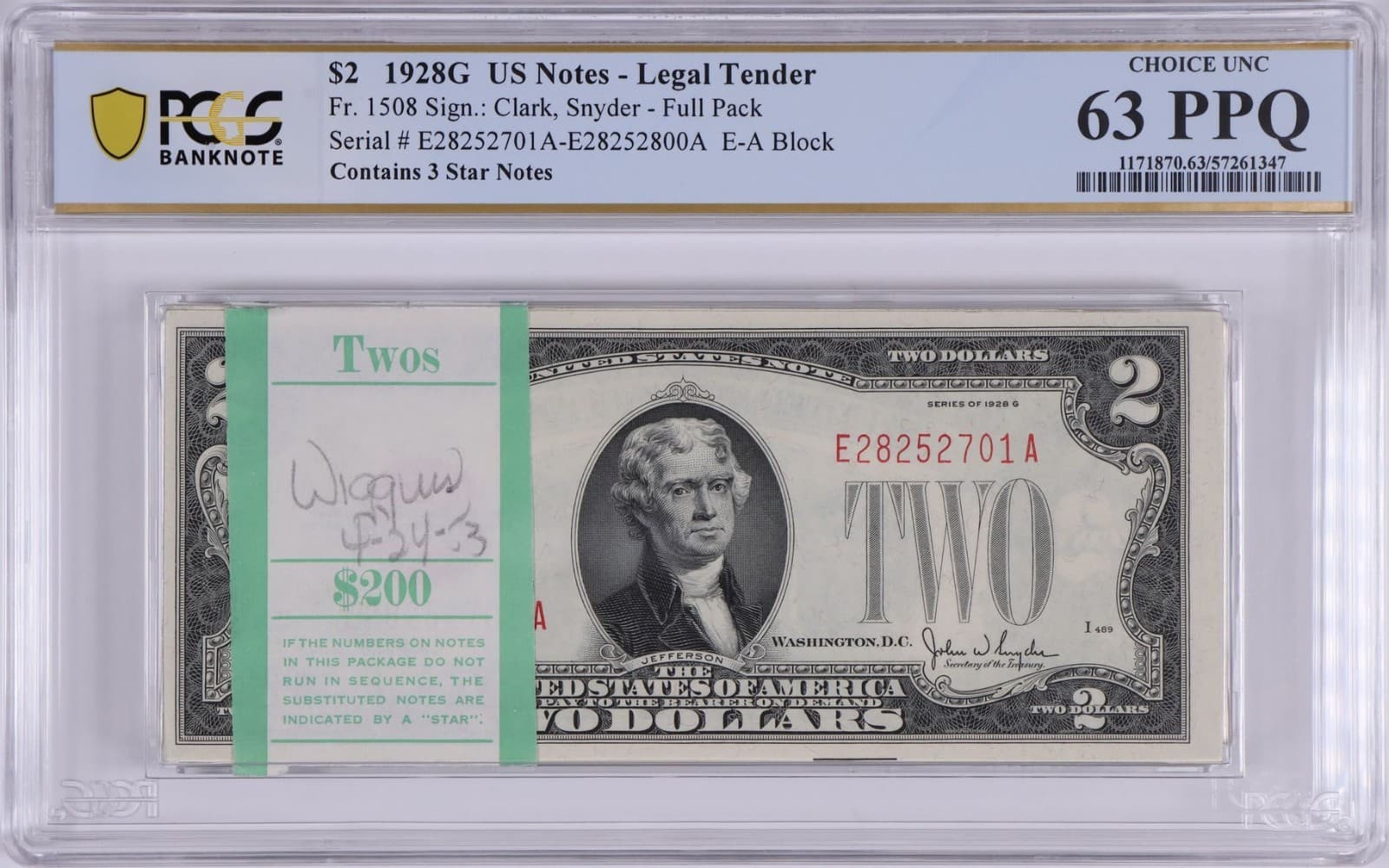 Original Pack of 100 1928G $2 Fr. 1508 Legal Tenders PCGS Choice UNC — view 1