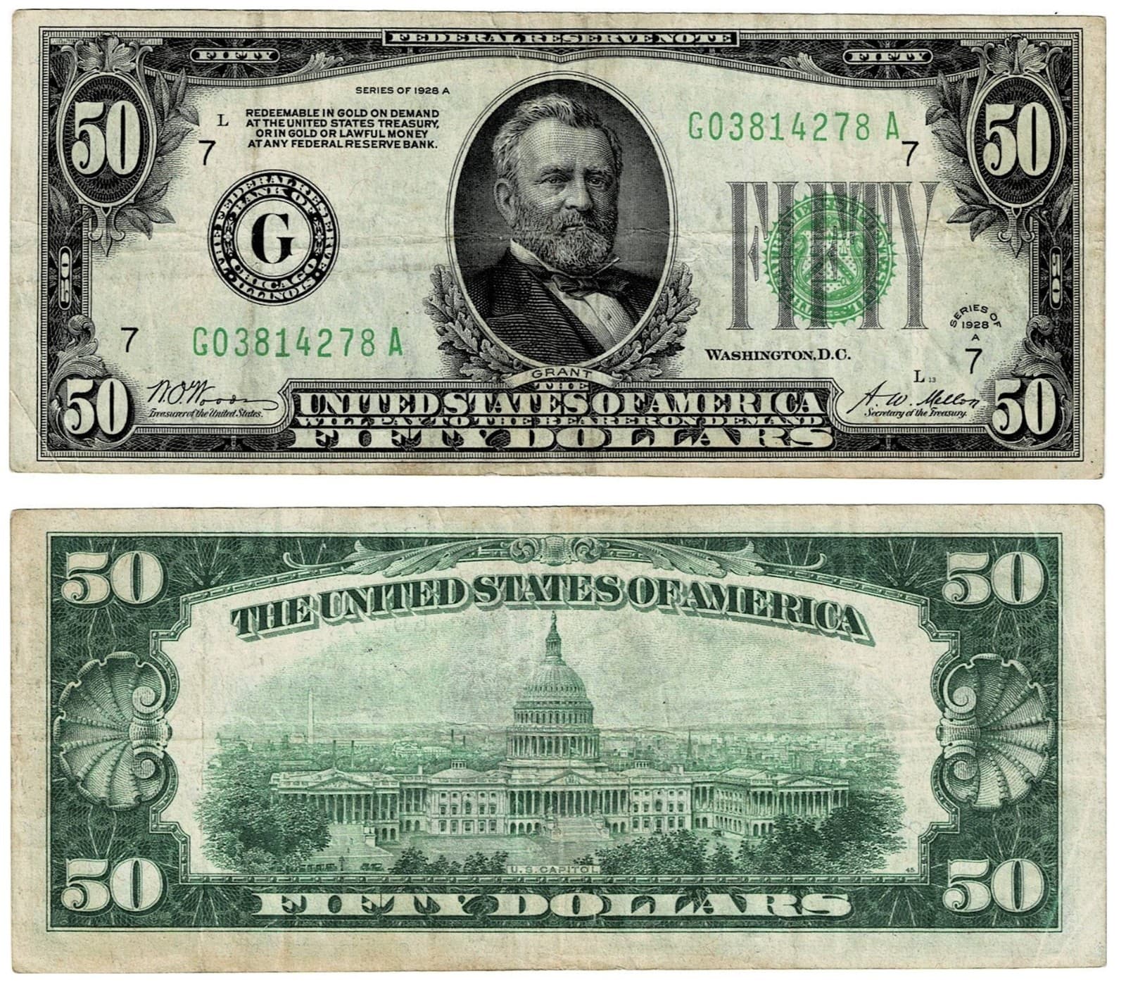 FR. 2101 G $50 1928-A Federal Reserve Note Chicago G-A Block LGS Lime